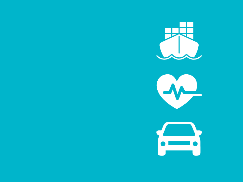 A teal background with three white graphics running vertically down the right hand side of the image which are a cargo ship, a heart with a heartbeat, and a car